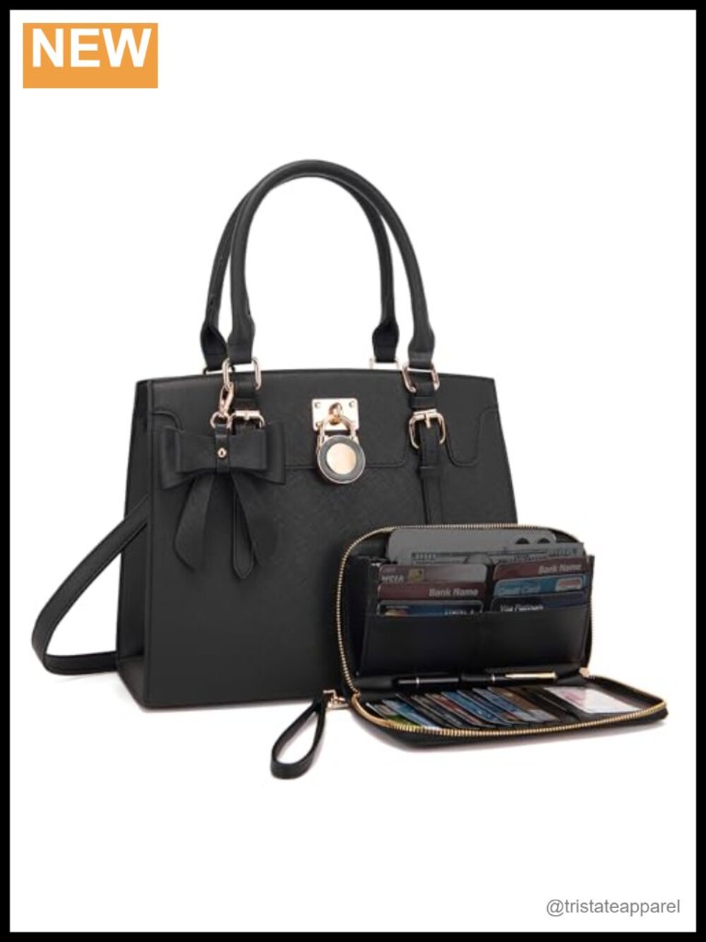 Vegan Leather Satchel Tote Shoulder Handbag with Matching Wallet Clutch Set